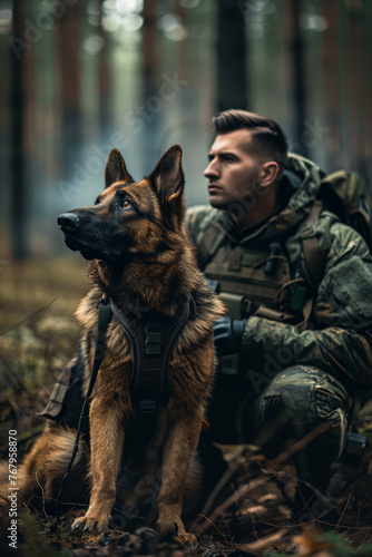 Military soldier and dog in the forest