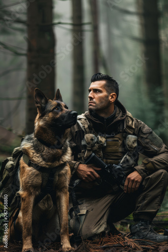 Military man with his military dog in forest
