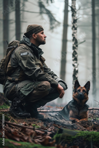 Soldier and his dog in the forest