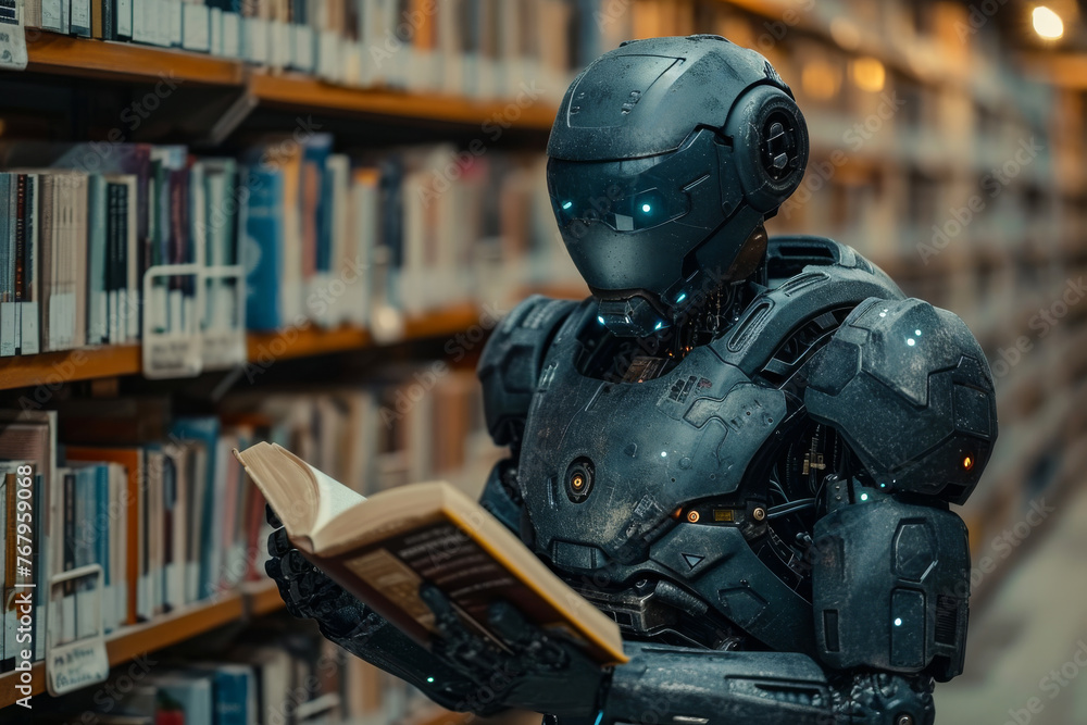 Robot reading book in library. Cyborg in the library Robot reading book in library. Cyborg in the library