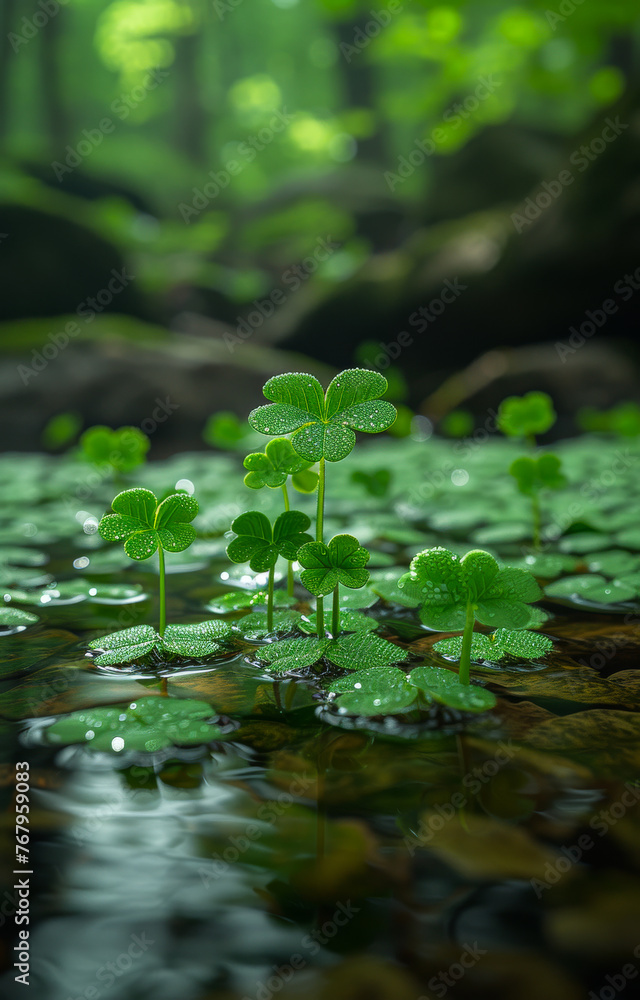 Green leaves of wood sorrel plant growing in shallow stream Green leaves of wood sorrel plant growing in shallow stream