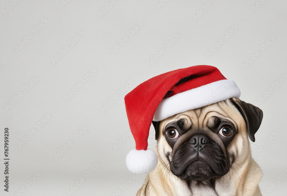Cute pug dog in santa hat on white background colorful background