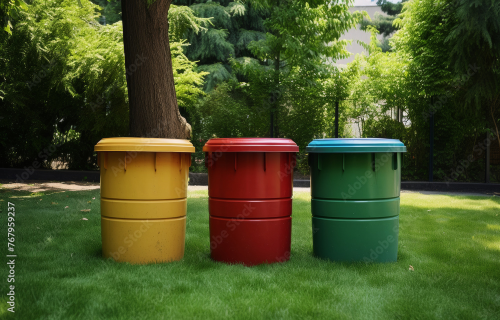 Three multi colored plastic garbage cans stand on the green grass in the park. Three multi colored plastic garbage cans stand on the green grass in the park.