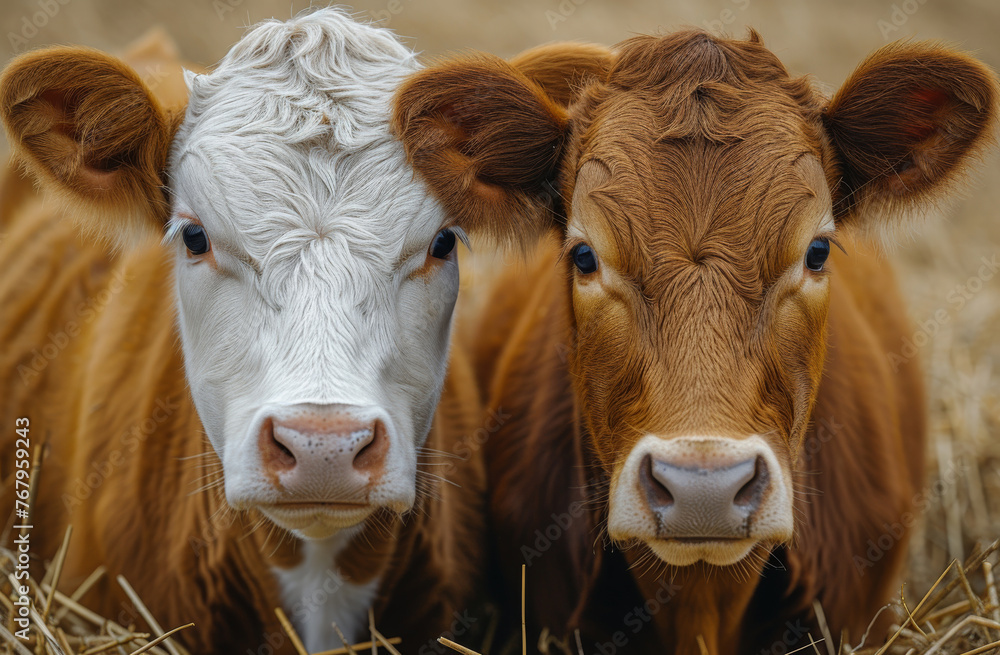 Two young cows are standing in field of straw Two young cows are standing in field of straw