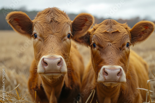 Two brown cows sitting in field. Two cows with their heads up looking at the hay photo