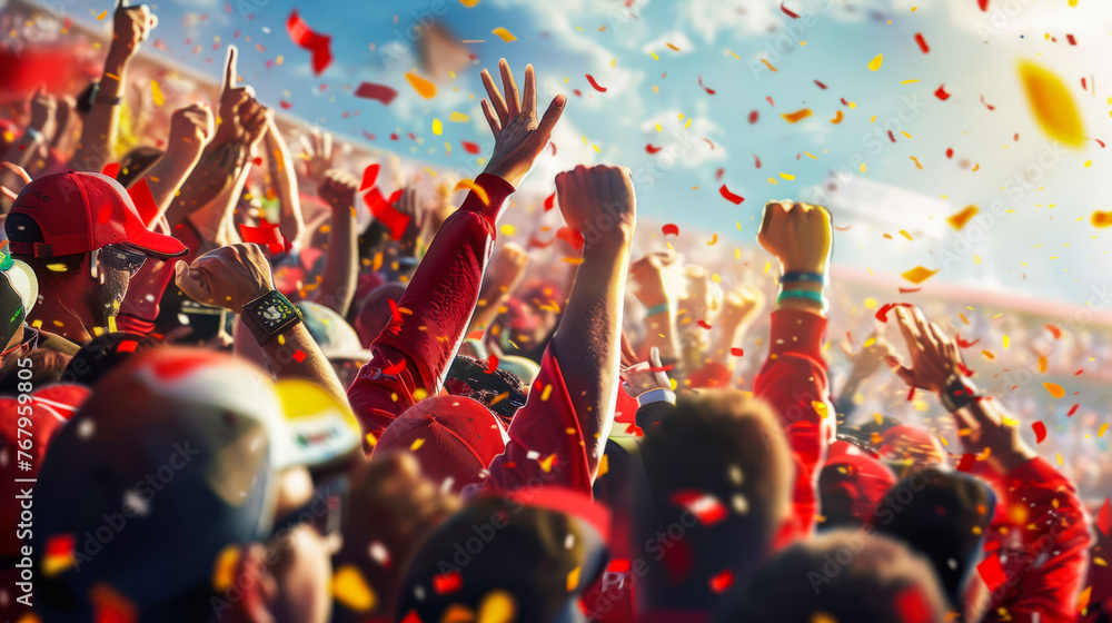 Fototapeta premium Sports fans lift the spirits. Formula 1 racing cars during competition. men raises their hands in jubilation. F1 fans celebrating victory of the pilot. Sport fans cheering up racers during competition