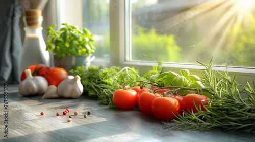 Fresh Tomatoes and Herbs on Wooden Table