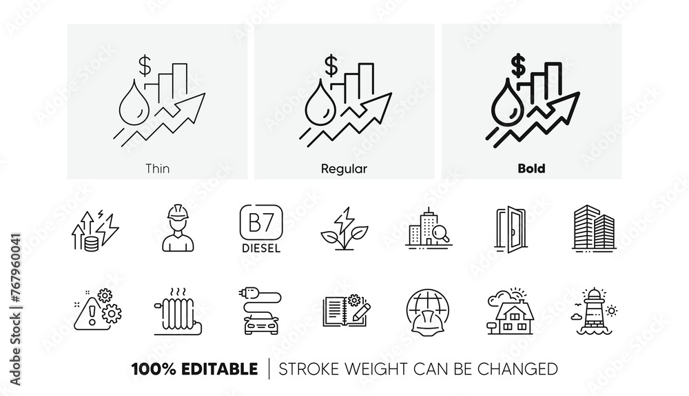 Car charge, Lighthouse and Open door line icons. Pack of Inspect, Radiator, Realtor icon. Eco power, Foreman, Engineering documentation pictogram. Global engineering, Warning, Rise price. Vector Car charge, Lighthouse and Open door line icons. Pack of Inspect, Radiator, Realtor icon. Eco power, Foreman, Engineering documentation pictogram. Global engineering, Warning, Rise price. Vector