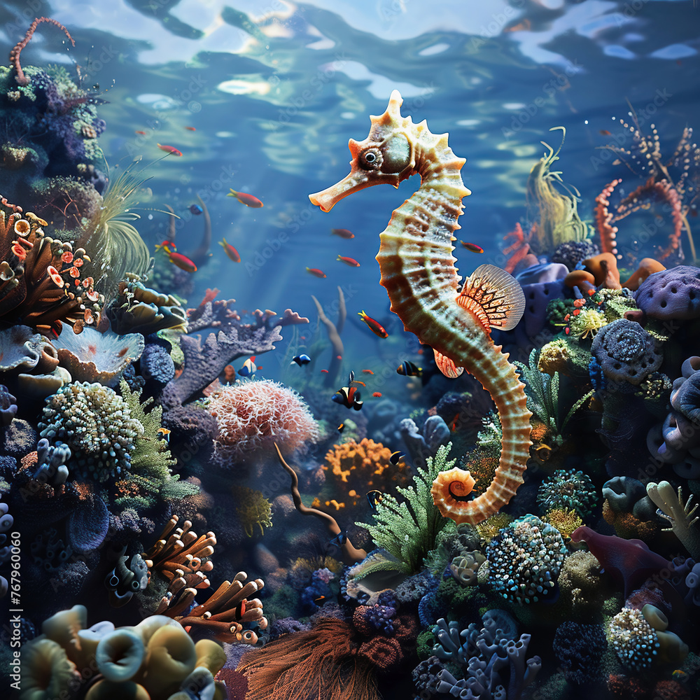 Seahorse in a coral reef with corals and fish. Seahorse in a coral reef with corals and fish.