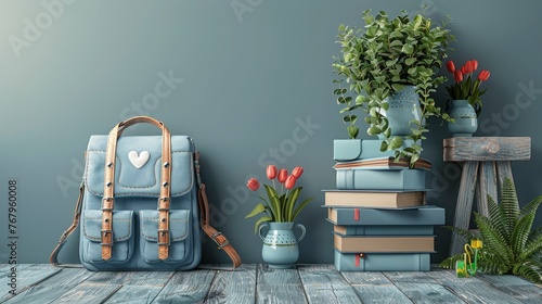 Blue Bag on Table Next to Vase With Flowers