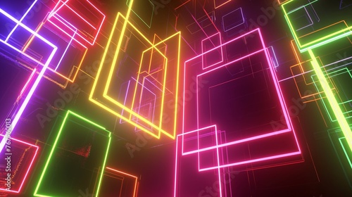 A dynamic and colorful display of neon-lit geometric shapes against a dark background.
