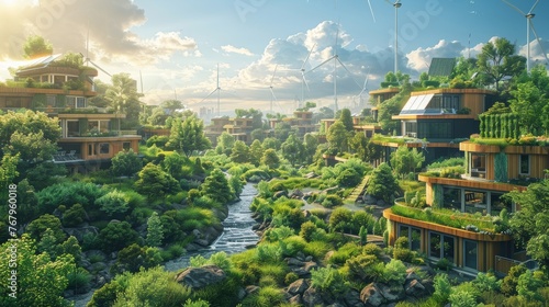 A clean, futuristic landscape dominated by renewable energy sources such as wind turbines, solar panels, and green technology, with a community living in harmony with nature.
