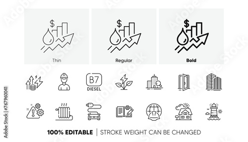Car charge, Lighthouse and Open door line icons. Pack of Inspect, Radiator, Realtor icon. Eco power, Foreman, Engineering documentation pictogram. Global engineering, Warning, Rise price. Vector