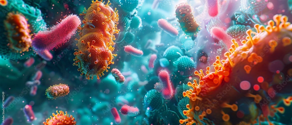 Naklejka premium Evolutionary biology and smart materials, microbiome studies for health super realistic,soft shadowns,