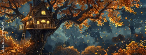 A cozy night in a treehouse, surrounded by a sea of autumn leaves.