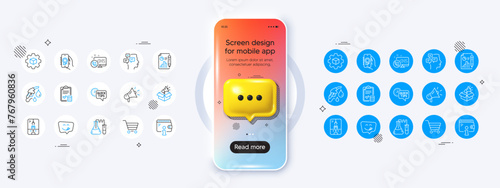 Phone mockup with 3d chat icon. Chemistry lab, Accounting checklist and Megaphone box line icons. Pack of Petrol station, Messages, Wallet icon. Vector