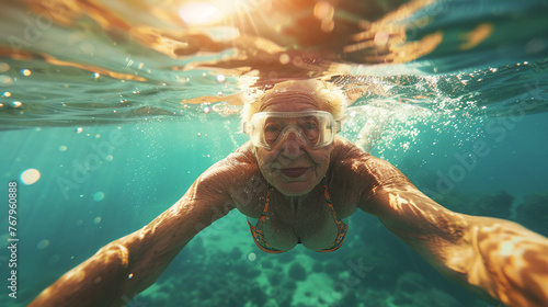 senior woman swimming in lake, golden hour, recreational, underwater angle. photo