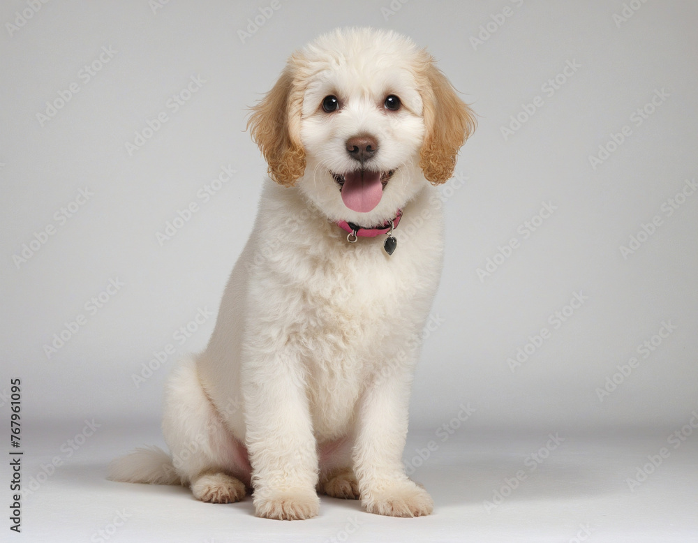 Cute young Cobberdog aka Labradoodle dog puppy colorful background
