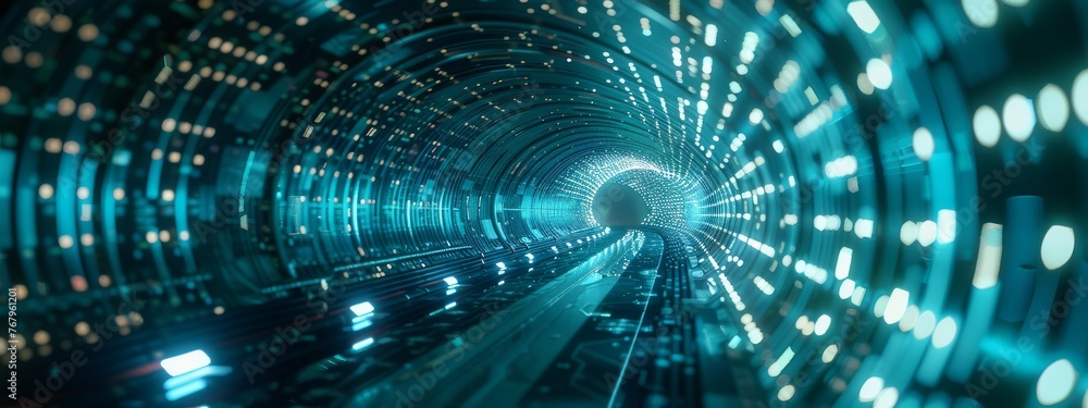 A cyberspace journey through a tunnel of data, representing the path from cybersecurity investment to outcomes, with margins for textual content. - obrazy, fototapety, plakaty 