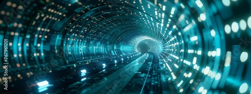 A cyberspace journey through a tunnel of data, representing the path from cybersecurity investment to outcomes, with margins for textual content. photo