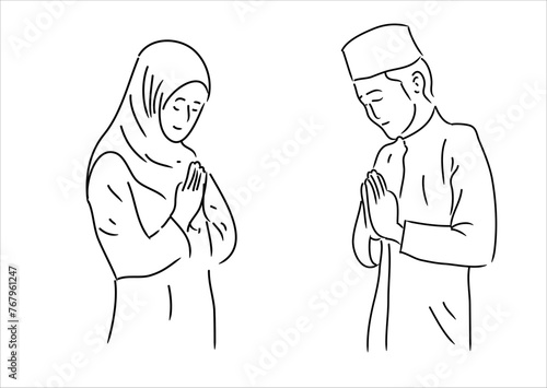 Couple Muslim. Islamic symbols. Simple illustration
