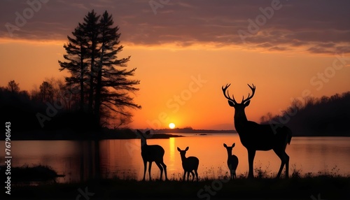 A Family Of Deer Silhouetted Against A Sunset