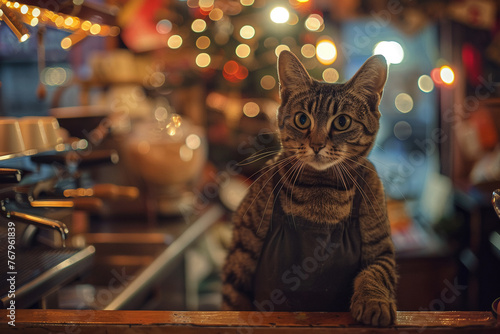Tabby cat barista in apron, cozy cafe, cute, warm ambient lighting, eye-level shot.