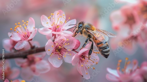 Bee Sitting on Pink Flower