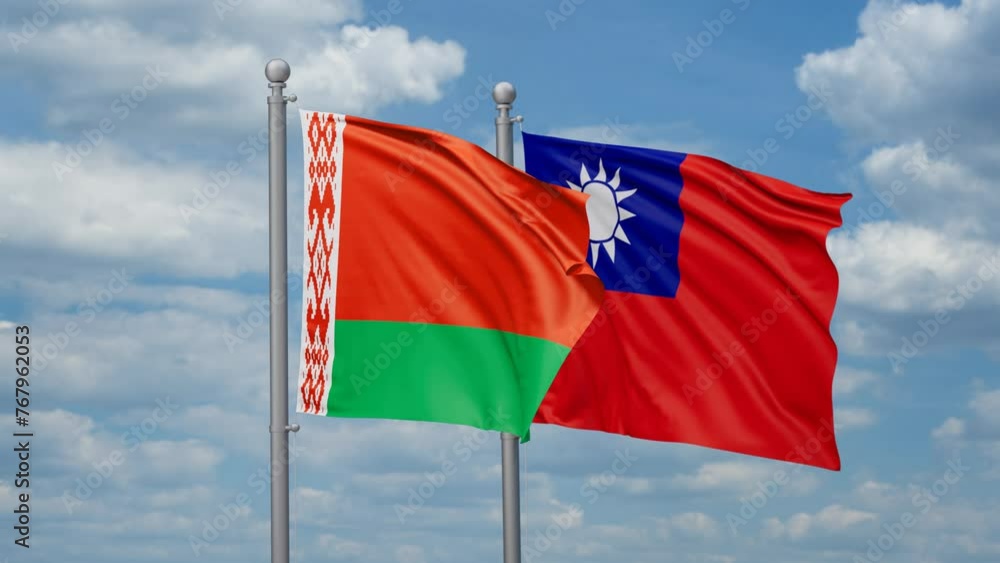 Taiwan and Belarus two flags waving together, looped video, two country cooperation concept Taiwan and Belarus two flags waving together, looped video, two country cooperation concept