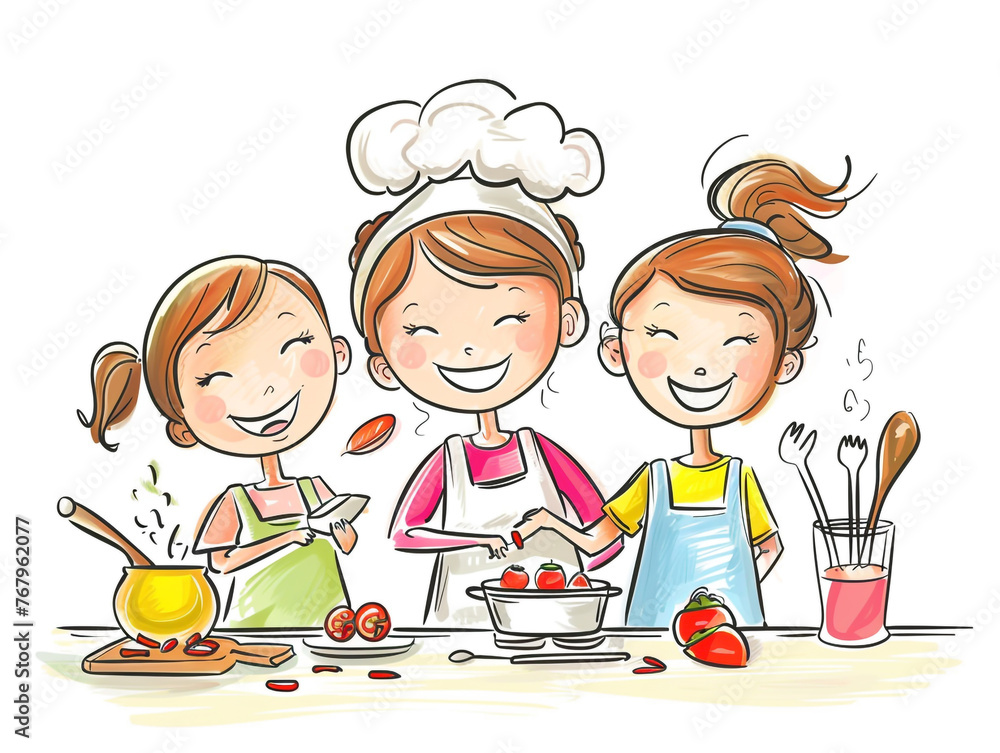 A children's drawing shows a mother cooking in the kitchen and being helped by her daughter. A children's drawing shows a mother cooking in the kitchen and being helped by her daughter.