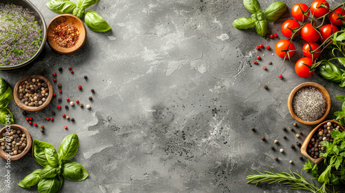 Fototapeta Naklejka Na Ścianę i Meble -  food background with copy space. Border of healthy food cooking ingredients background with fresh tomatoes, herbs and spices on dark concrete table top view. Menu, recipe background. product place
