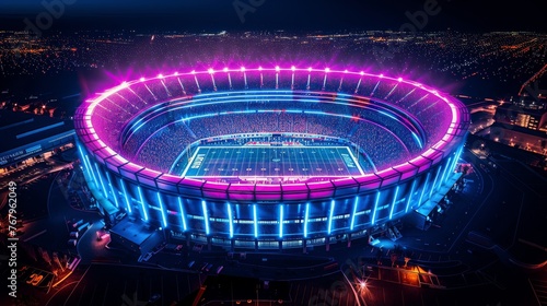 Aerial View of Stadium Illuminated at Night