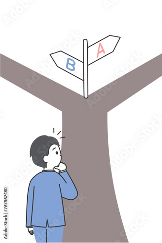 分岐点で立ち止まるスーツの男性のイラスト