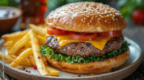 Cheeseburger and Fries on Plate