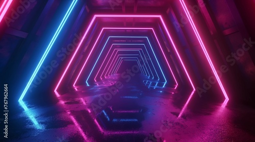 A vibrant corridor illuminated by neon lights in blue and pink tones with a wet floor reflecting the lights.
