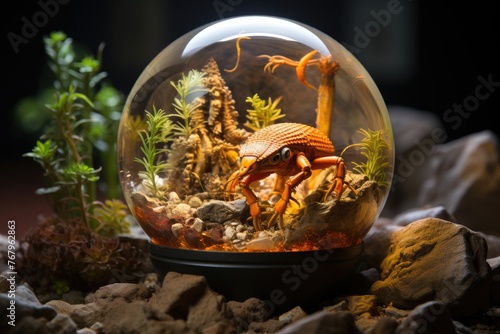 Scorpion in educational terrarium, ready for observation., generative IA