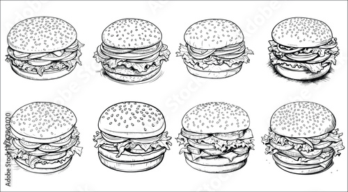 Burger coloring book page, Burger coloring pages for kids, Hamburger Coloring Page Illustration, Fast Food Coloring Page, Coloring book