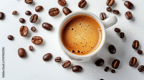 A Cup of Coffee Surrounded by Coffee Beans