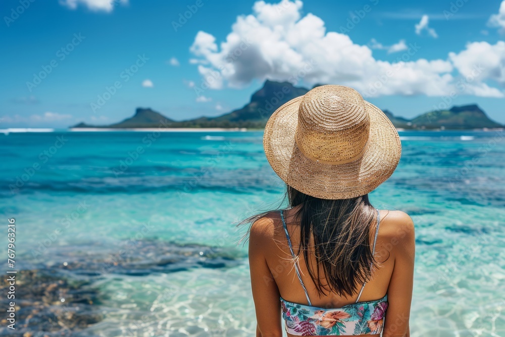 Woman wearing hat with sea view background