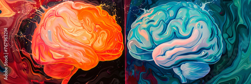 brains left and right hemisphere, blue and orange color, comparison, illustration for banner