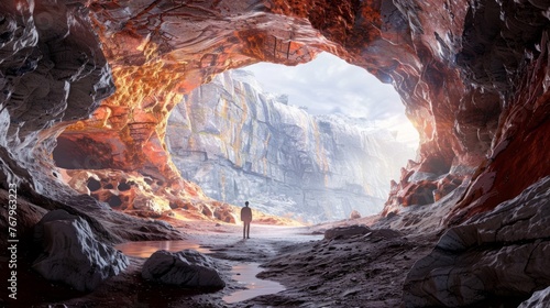 Man Standing in Cave With Mountain Background