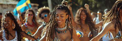 Group of young sexy women with dreadlocks dancing at the festival of Brazilian culture