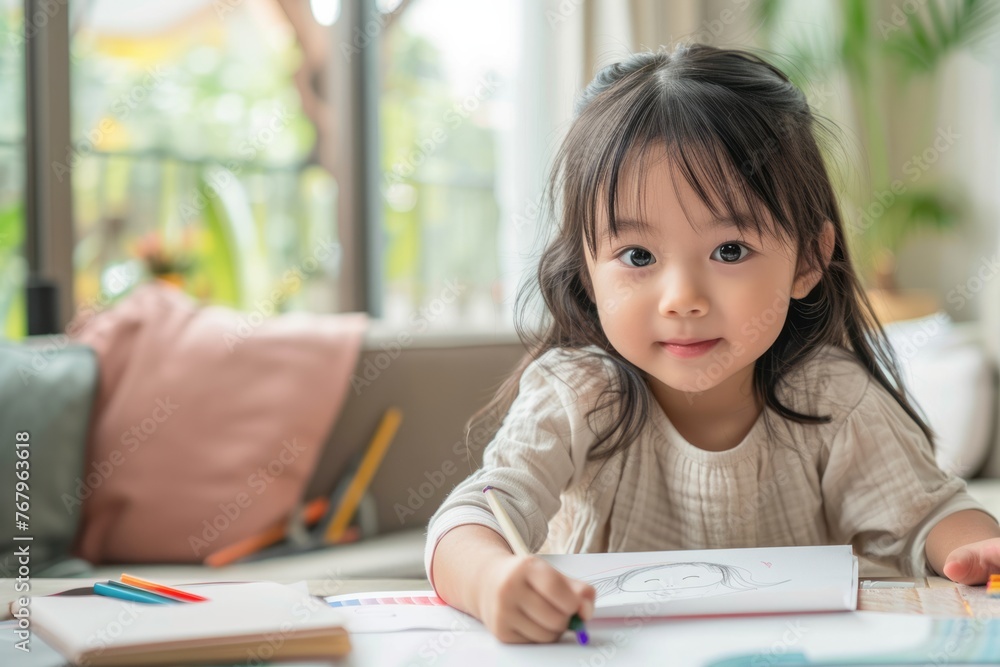 Cute child girl happy learning education doing home work at home holiday Cute child girl happy learning education doing home work at home holiday