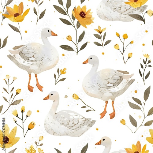 Seamless geese and flowers pattern. Geese amidst spring blooms. Botanical backdrop for textiles  wallpaper  nursery decor.
