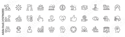 Headhunting, Yummy smile and Market seller line icons. Pack of Sick man, Fever, Friends chat icon. Inclusion, Jobless, New house pictogram. Buyers, Time hourglass, Engineering team. Yoga. Vector