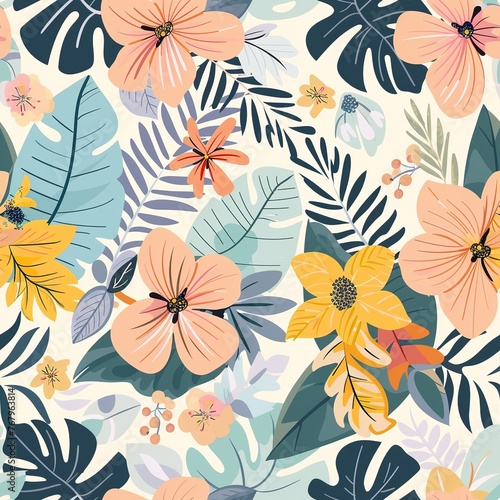 Seamless tropical floral pattern with bright leaves and blooming flowers. Ideal for fashion textiles, home decor and stationery. Modern botanical print for digital creativity and scrapbooking