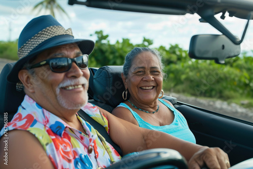 Happy Latin American senior couple enjoying a summer vacation road trip in their car. © AI_images