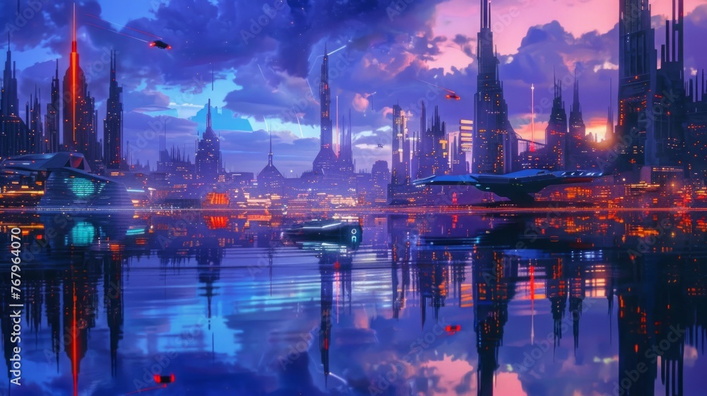 Futuristic City at Night, outdoors