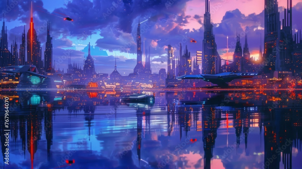 Fototapeta premium Futuristic City at Night, outdoors
