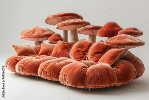 Red fabric sofa seat in the shape of red mushrooms, standing out against a white background. Surreal, unusual.